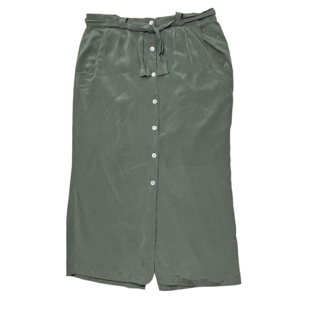 Vintage Silk Sage Green Belted Button Down Skirt XL